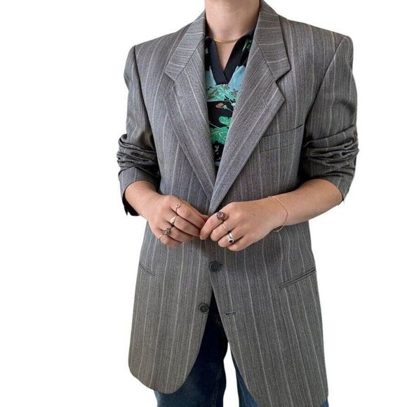 Vintage Yves Saint Laurent YSL Grey Striped Wool Preppy Sport Coat Blazer 40R - Picture 1 of 10